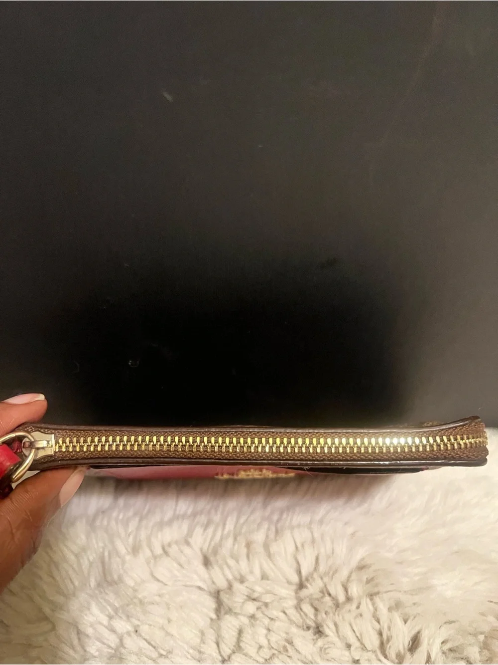 Coach Corner Color block Brown Signature Canvas Wristlet with Red Leather Pocket
